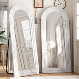 ZHUNFA Arched Full Length Mirror with Solid Wood Frame, 65x22 Farmhouse Wall Mirror Full Length with Stand, Vertical Hanging, Leaning Standing for Bedroom, Living Room, Rustic White