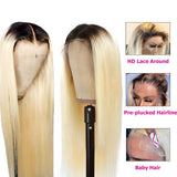 OiMiGO 13x4 HD Transparent Lace Front Wigs Brazilian Virgin Human Hair #1B613 Colored Full and Thick Straight Wig Pre Plucked Bleached Knots Ombre Blonde Lace Frontal 28 Inch
