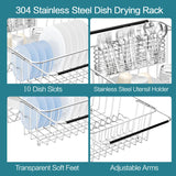 YZPGBT Large Dish Drying Rack in Sink Expandable, Adjustable304 Stainless Steel Metal Dish DrainerRack Organizer with Stainless Steel Utensil Holder Over Inside Sink Counter, Rustproof