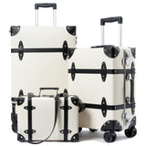 universal trotter Vintage PU Leather Luggage Set, Retro Trunk Suitcase with Wide Aluminum Frame, TSA Key Locks and Smooth 360° Spinner Wheels (Ivory Signature,12"+20"+26")