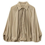 Talakeno Womens Puffed Bomber Jacket Casual Batwing Sleeve Lapel Collar Zip Shirts Oversized Pleated Streetwear Jackets(Khaki,S)