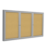 Ghent 48"x 96" 3-Door indoor Enclosed Bulletin Board, Shatter Resistant, with Lock, Satin Aluminum Frame - Natural Cork (PA34896K)-Made in USA