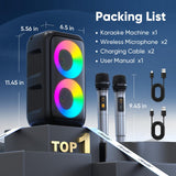 Karaoke Machine for Adults Kids, Portable Bluetooth Speaker with 2 Wireless Microphones, TWS Mode & LED Light, 10H Battery PA System, Home Party Outdoor Camping Birthday Gifts (Black)