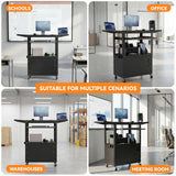 Mobile AV Cart with Drop Leaves & Adjustable Height, Rolling Computer Cart with Pullout Keyboard Tray – Locking Cabinet, 3 Outlets&2 USB Ports, Lock Brake Casters, Utility Cart for Office/Classroom