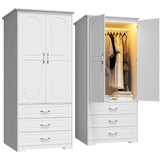 FJTJBSI Wooden Armoire Wardrobe Closet with 3 Drawers and LED Light 72" Modern Bedroom Armoire with Retro Ceramic Door Handles Wardrobe Cabinet with Removable Hanging Rod White