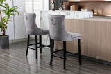 MOOLSUN Set of 6 Blue Velvet Bar Stools - Classic Fixed Height Design with Button Tufted Seat, Solid Wood Frame & Chrome Nailheads, Perfect for Standard Kitchen Island & Home Bar,Gray(Wood Leg)