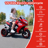 12V Kids Ride On Motorcycle - 3-Wheel Electric Motorcycle for Boys & Girls with LED Lights, MP3, and Safe Design - Gift for 3-8 Years Old (Red+ Plastic+ 50-99 pounds)
