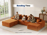 Living&Giving 128" U-Shaped Cloud Sectional Couch for Living Room, Cloud Boneless Couch-No Assembly with Reversible Chaise, Customizable 4-Seat Modular Sectional Sofa with 3 Ottoman, Orange