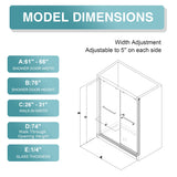 KPUY Glass Shower Door, 61-66" W x 76" H Semi-Frameless Double Sliding Shower Door, 1/4" (6mm) Thick Tempered Clear Glass with Explosion-Proof Film Nano Coating, Matte Black