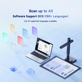 Document Scanner, Portable 13MP Book Scanner Flatten Curve Technology Capture Max A3 Document Fast Scan for Office Library School