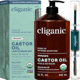 Cliganic Organic Castor Oil, 100% Pure (32oz with Eyelash Kit) - For Eyelashes, Eyebrows, Hair & Skin | Natural Cold Pressed Unrefined Hexane-Free