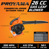 PROYAMA Gas Powered Leaf Blower, 3-in-1 26cc 2-Cycle Handheld Leaf Blower & Leaf Vacuum Mulcher, 412 CFM 200 MPH Cordless Blower