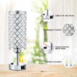 Hong-in Crystal Lamp Touch Control Set of 2, Sliver Crystal Table Lamps with USB C+A Ports & AC Outlet, 3-Way Dimmable Nightstand Touch Lamp, Modern Bedside Table Lamp for Bedroom(Bulbs Included)