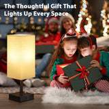 aooshine Fully Dimmable Nightstand Lamps Set of 2 - Table Bedside Lamp with USB C+A Charging Ports & 2 AC Outlets, Square Lamp Sets Linen Fabric Shade for Bedroom Living Room(Bulb Included)