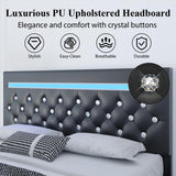 Holiway Full Size Bed Frame with LED Lights & Charging Station, Faux Leather Upholstered Platform Bed, Adjustable Crystal Button Headboard, Solid Wood Slats, No Box Spring Needed, Black