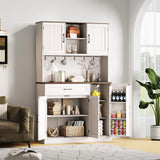 ONBRILL 71" Pantry Cabinet, Kitchen Pantry Storage Cabinet with LED Light & Outlet, Kitchen Hutch with Microwave Shelf & 6 Hook, Door Shelf & Drawer & Adjustable Shelf, Dining Room, Off White+Walnut