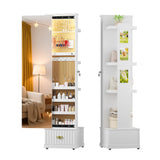 Lvifur 360° Swivel Jewelry Cabinet with Light and Side Sliding Door for Bedroom White,Standing Jewelry Armoires with Full Length Mirror&3 Photo Frames&Drawer&Movable Wheels for Cloakroom,Dressing Room