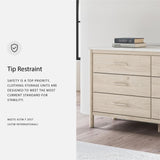 Signature Design by Ashley Cadmori Casual Bohemian Dresser with Post Legs and 6 Drawers, Replicated Marble Top, Wood, 35" High, White and Light Brown Finish