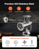 VEVOR Manual Meat Grinder, 304 Stainless Steel Hand Crank Meat Mincer with Steel Table Clamp, Sausage Stuffer with 2 Cutting Plates & 4 Sausage Tubes, Food Grinder for Beef Chili Pork Kitchen Tabletop