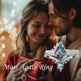 Oseew Natural Moss Agate Ring for Women 2CT Kite Cut 2 Pieces Engagement Ring Set 10K/14K/18K Solid Gold/Sterling Silve Personalized Wedding Leaf Vintage Bridal Promise Ring for Women