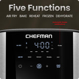 Chefman Air Fryer 6 Qt | TurboFry® 5-in-1 with 450°F Hi-Fry Option for Crispier Results | Bake, Dehydrate, Frozen | XL Nonstick Dishwasher-Safe Basket | Stainless Steel