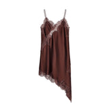 Women's Satin Lace Dress Asymmetric Cocktail Mini Dress Layering Essentials Elegant Dresses Date Night Outfits(Brown,L)