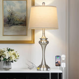 Rinweey 30 inch Silver Table Lamp Single, 3 Way Touch Control Bedside Lamp with USB A+C Ports, Modern Brushed Nickel Bedroom Lamps for Nightstand, Tall Metal Living Room Lamps for Side Table Office