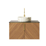 KEIKI 30 Inch Floating Bathroom Vanity with Sink, Modern Wall Mounted Storage Cabinet with 2 Soft Close Doors, Sintered Stone Top & Ceramic Basin Combo Set, Brown Oak & Stone White