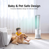 Xcity TP09Pro Commercial Bladeless Tower Fan, 3-in-1 Air Purifier, Space Heater & Cooling Fan, Remote Control, HEPA H13 Filtration for Bedroom & Home Office, Silver & White