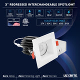 LUXRITE 3 Inch LED Regressed Canless Spotlight + Square White Interchangeable Trim, 5CCT 2700K-5000K, Twist N' Lock, Recessed Lighting, 15W, 1250LM, CRI90, Dimmable, 38° Beam, IC & Wet Rated (4 Pack)