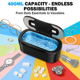 Raugbeyvo Ultrasonic Cleaner, 48KHz Jewelry Cleaner 400ML, Ultrasonic Retainer Cleaner for Eyeglasses Rings Watch Band Necklace Earing, Multi Deep Cleaning Modes, Black