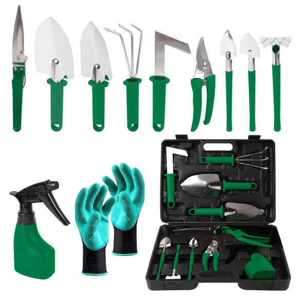 Gardening Tool Set, 11 Pieces Gardening Tools with Carrying Case, Garden Tool Kit for Digging Planting Pruning (Green)
