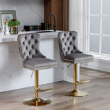 MOOLSUN Rotating Velvet Bar Stools Set of 6, Modern Padded with Nailhead Trim and Tufted Back, Adjustable Swivel Counter Height Stools for Kitchen Island, Bar, Club,Gray(Gold Base)