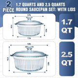 Glass Baking Dishes for Oven, 2 Pack Baking Dish with Lid, Round Casserole Dishes for Oven with Lids, Clear Glass Casserole Dish with Lid Oven Safe for Baking, Cooking, Storage, 1.7Qt and 2.5Qt