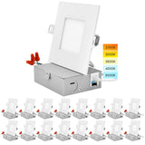 LUXRITE 4 Inch Ultra Thin Square LED Recessed Lighting, 5 Color Temp Options 2700K - 5000K, Dimmable Downlight, 10W, IC & Wet Rated, Canless LED Recessed Light (16 Pack)