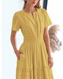 BTFBM Womens Summer 2026 Casual Midi Maxi Dresses Lightweight Short Sleeve V Neck Elastic Waist Boho Beach Dress Pockets(Yellow, Medium)