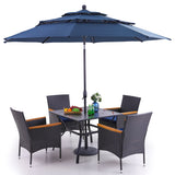 PHI VILLA 5pc Patio Dining Set with Umbrella, Square Table, Rattan Chairs