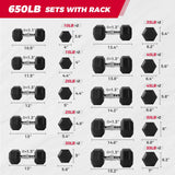 RITFIT Rubber Hex Dumbbells Set with Rack, 180-780LB Heavy-Duty Cast Iron Core, Knurled Chrome Handle, Space-Saving Storage Rack for Home Gym Strength Training