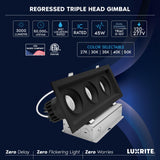 LUXRITE 3-Head Regressed Gimbal LED Recessed Spotlight, 360°+15° Adjustable, 5CCT 2700K-5000K, CRI90, 45W, 3000 Lumens, 60° Beam Angle, Rectangular Black Finish, Dual Dimmable, IC & Wet Rated (2 Pack)