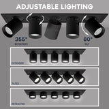 LUXRITE 5-Head Adjustable Recessed LED Spotlight, Retractable Directional Light, 5CCT 2700K-5000K, CRI90, 15W, 1000LM, Adjustable Head 355° Rotation & 80° Tilt, Dimmable, IC Rated, ETL, Black (4 Pack)