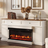 63 inch Fireplace TV Stand for TVs up to 70" with 3-Sided Electric Fireplace with Mantel, Modern Media Entertainment Center, Farmhouse TV Console for Living Room with Drawers, Antique White