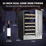 Tylza 24'' Wine Fridge, Dual Zone Wine Refrigerator, 54 Bottles, Lock, Glass Door, Built-in Compressor, 6 Adjustable Shelves, Undercounter or Freestanding