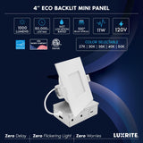 LUXRITE 4 Inch LED Recessed Light, ECO Backlit Mini Panel Spotlight, 5CCT 2700K-5000K, 1000 Lumens, High Output, 11 Watts, Dimmable, IC Rated, Wet Rated, ETL Listed, Energy Star, Square (48 Pack)