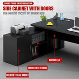 Executive L Shaped Office Desk, 1'' Thick Tabletop, Solid Wood Ecological Board, with Side cabinets and Wire Holes
