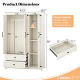 AMERLIFE Farmhouse 3 Door Wardrobe Closet with 2 Drawers & Hanging Rod, 47" Large Armoire Storage Cabinet with Adjustable Shelves, Freestanding Clothing Organizer for Bedroom, White