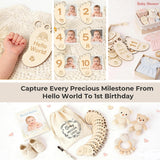 DegoCyhton Monthly Milestone Signs, Wooden baby monthly milestone Cards, Birth Announcement Sign for New Baby, Hello World Newborn Sign, 0-12 Months Newborn Photo Prop, with Drawstring Canvas Bag