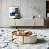 homary Round Nesting Coffee Table, 28”-32” Rotating Coffee Tables with Heat-Resistant Sintered Stone & Tempered Glass Top, Gold Frame for Modern Living Room (Glossy Ivory)