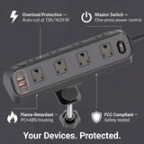 Desk Clamp Power Strip 6FT, Flat Plug Charging Station, Black