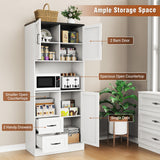 Bigbiglife Farmhouse Kitchen Pantry Cabinet with LED Lights and Power Strip, Tall Kitchen Storage Cabinet, Kitchen Hutch with Microwave Stand & Barn Doors and Drawers for Dining Room (White)