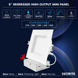 LUXRITE 5 Inch Square LED Recessed Ceiling Light with Junction Box, 18W, 5CCT Selectable 2700K/3000K/3500K/4000K/5000K, 1600LM High Brightness, Dimmable Canless Downlight, Wet Rated, ETL (6 Pack)